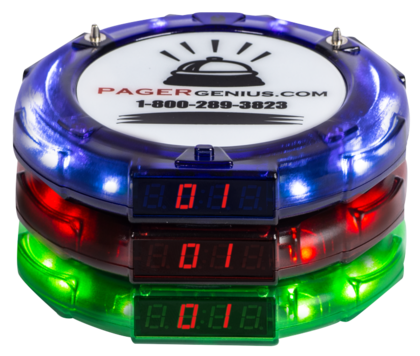 Three different restaurant pagers shown in three different colors.