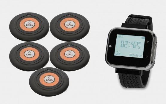 Pager Genius Customer Table Paging System 5 Table Paging System Buttons and One Watch PagerGenius Customer Server Paging System