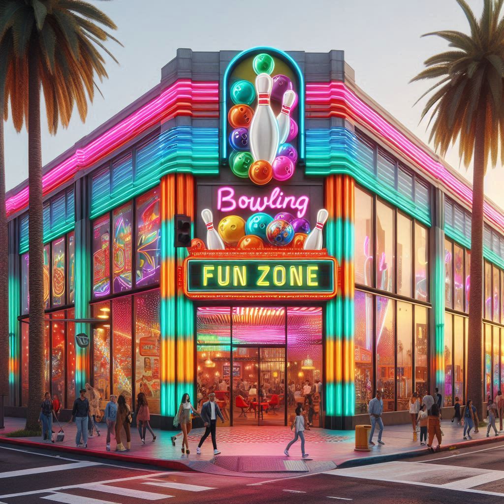 Street view outside of a corner bowling alley