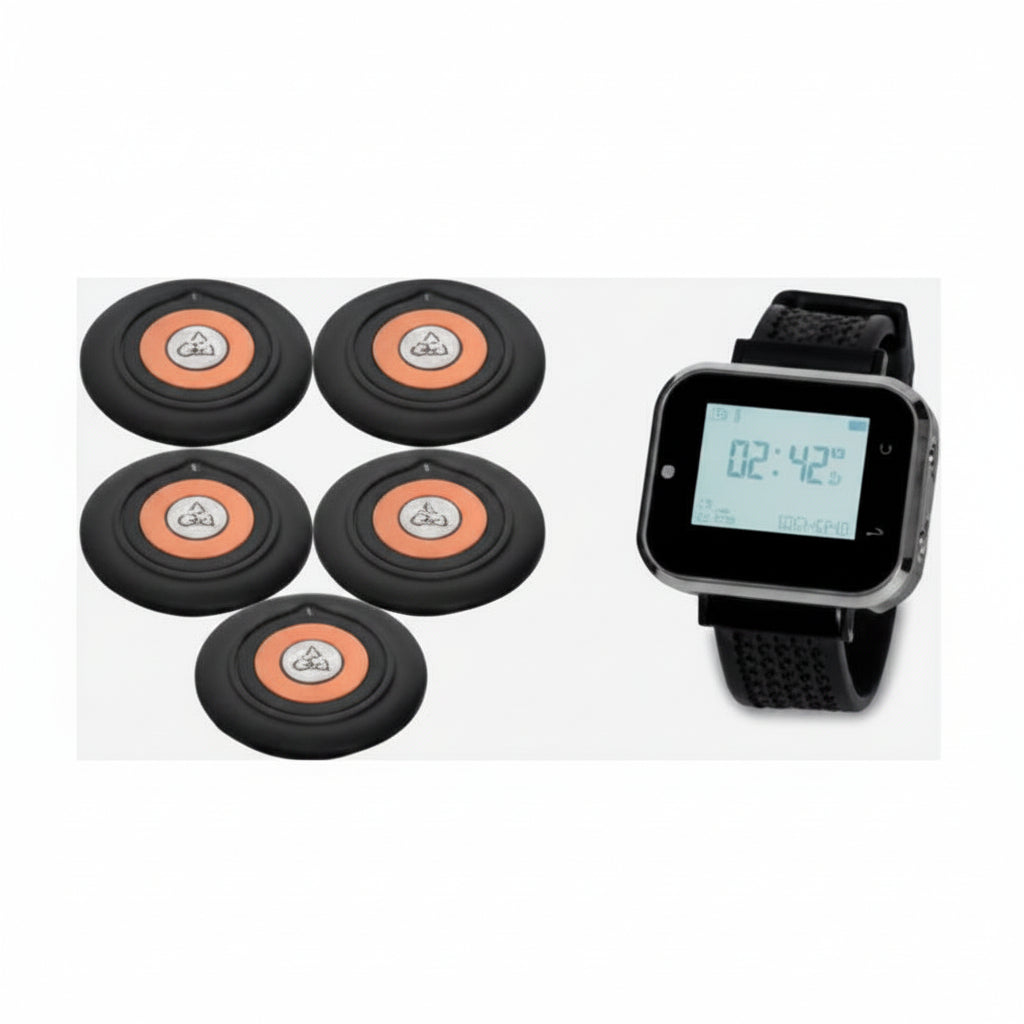 Pager Genius Customer Table Paging System 5 Table Paging System Buttons and One Watch PagerGenius Customer Server Paging System